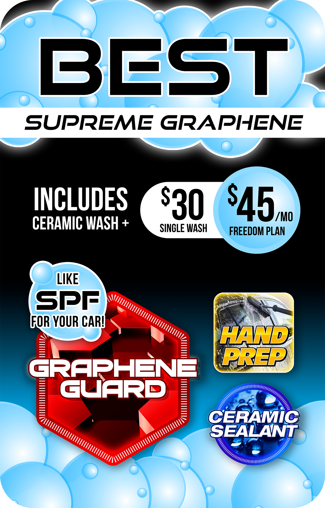 Dr. Graphene Xtreme. Unlimited Club $44.99/mo. Single exterior Wash $30. Unlimited Club Full Service $69.99. Single Exterior + Full Service $50.
